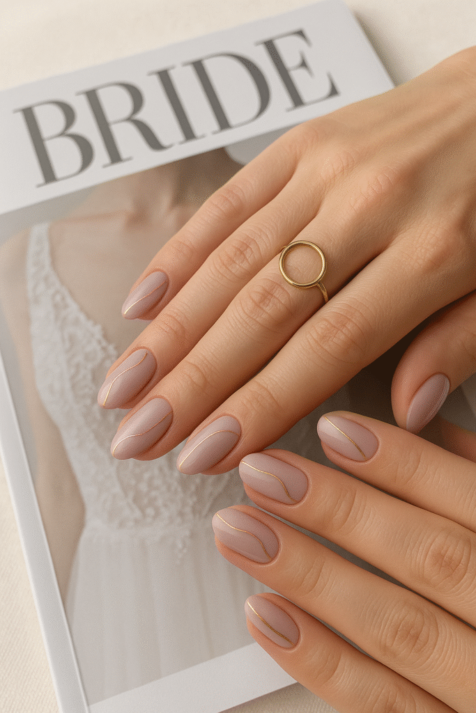 Pale Mauve Nails with Gold Line Art Accents