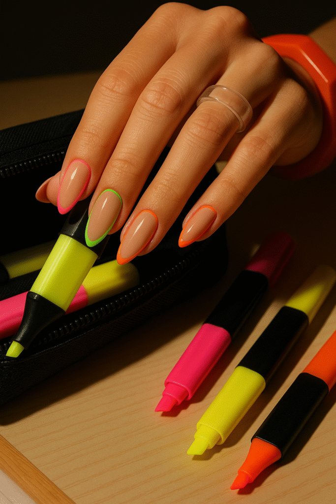 Neon outlines on nude almond nails