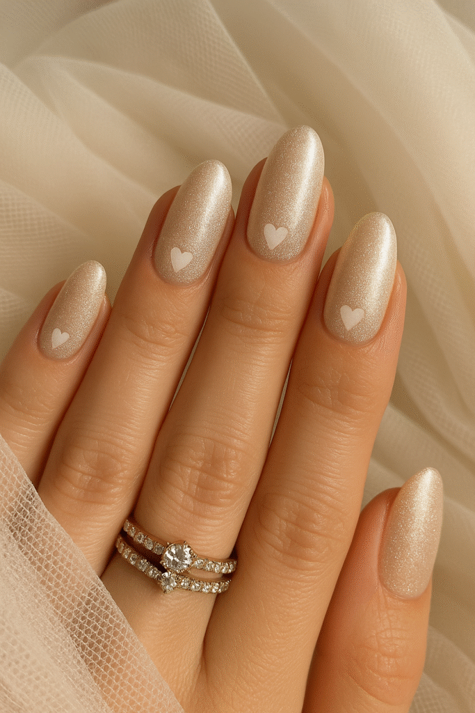 Champagne Sparkle Nails with Heart-Shaped Cutouts