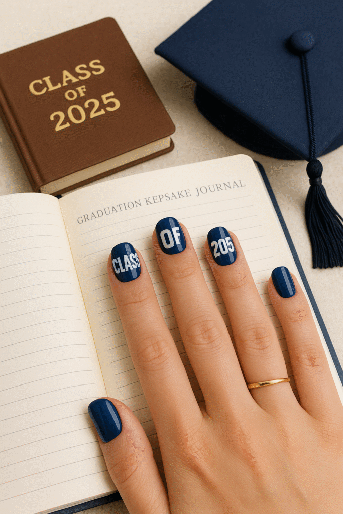 Stick-on “Class of 2025” over navy polish