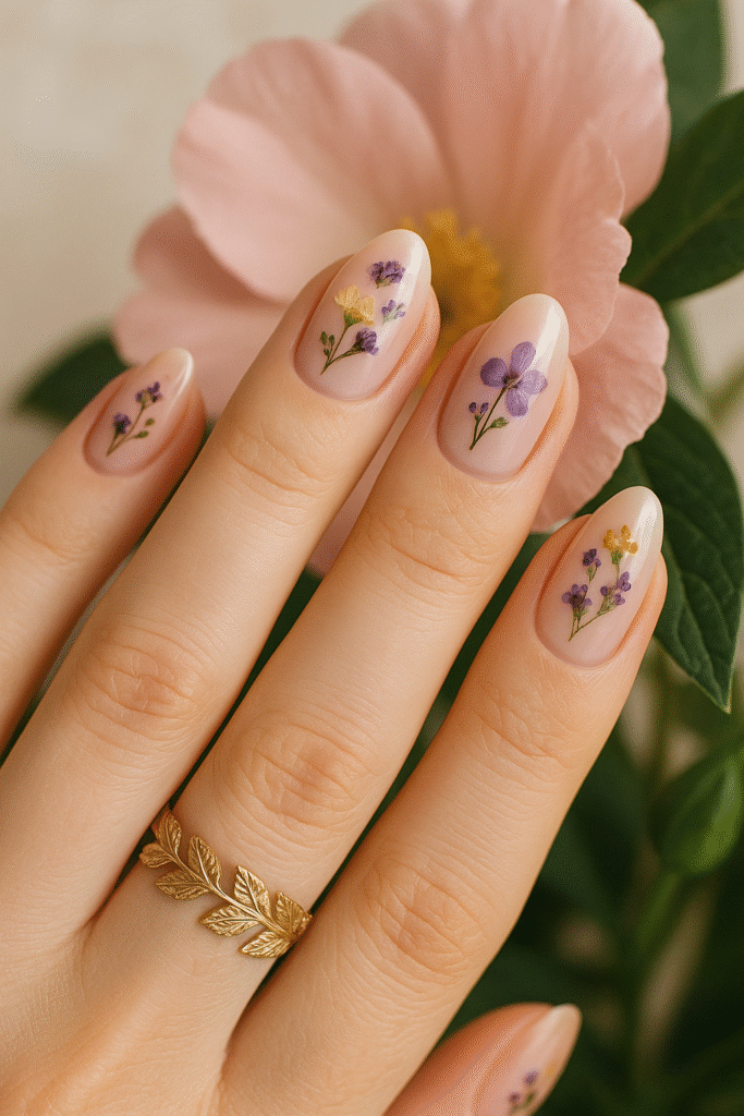 Pressed Flower Nails on a Sheer Pink Base