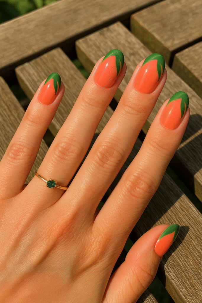 Coral Base with Leafy Green French Tips