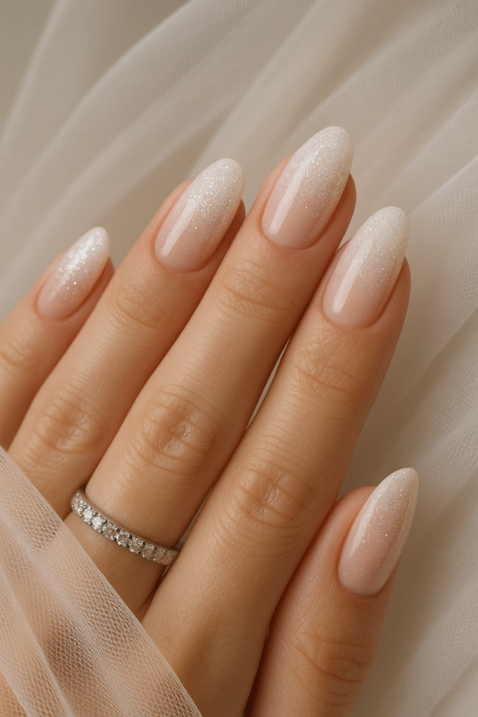 White Glitter Gradient Nails with a Rhinestone Accent