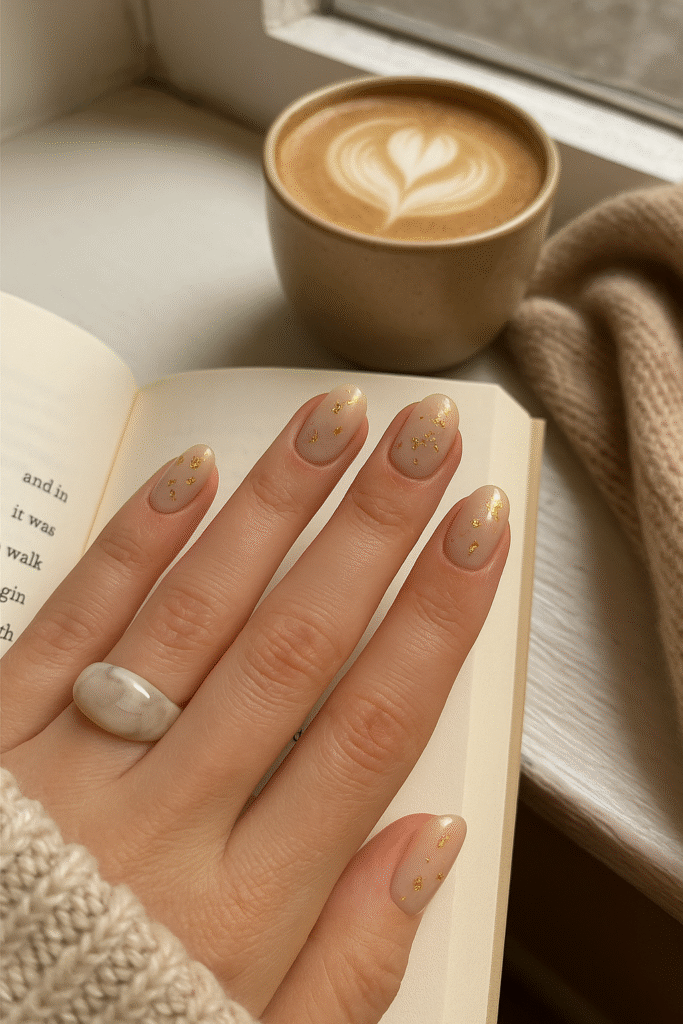 Milky nude nails with gold leaf flakes