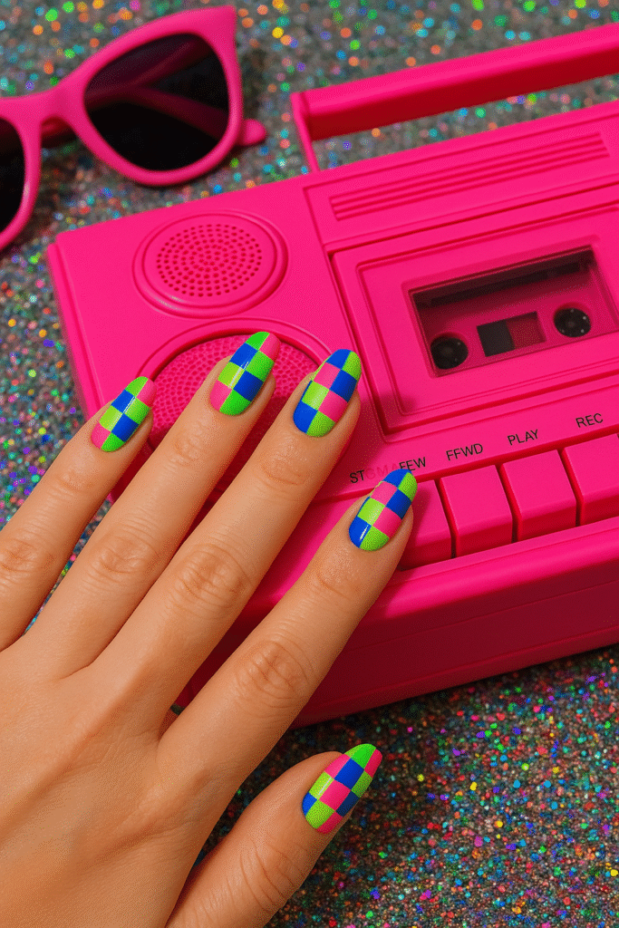 Neon Checkerboard Nails