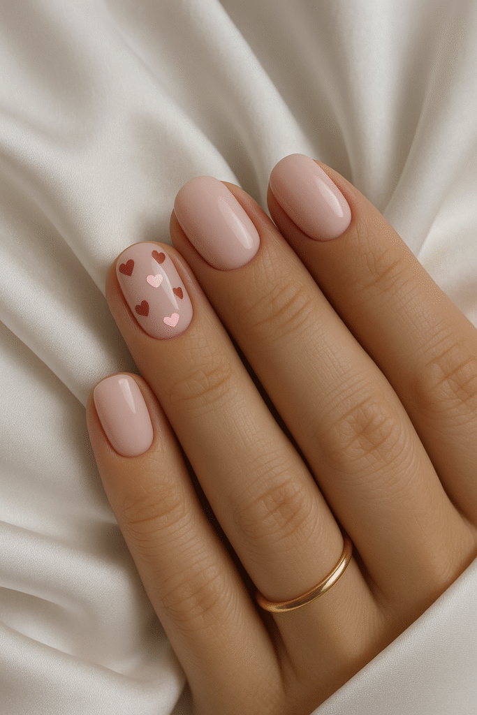 Blush Pink Nails with Tiny Heart Confetti