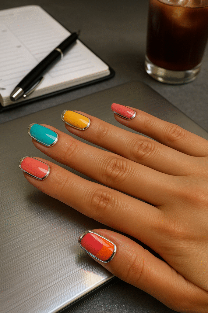 Chrome-Lined Color Block Nails