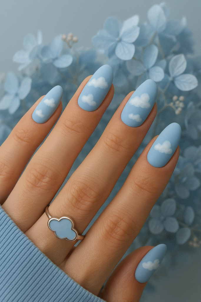 Sky Blue Matte Nails with Soft Cloud Details