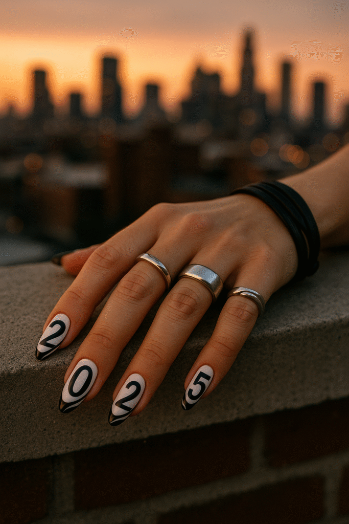 Black and white swirl tips with number decals