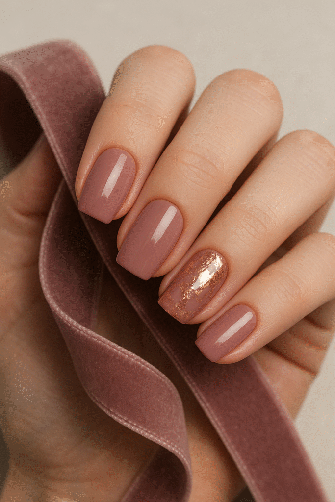 Dusty Rose Nails with a Rose Gold Foil Ring Finger