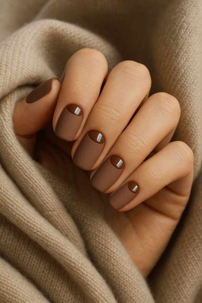 Warm Cocoa Nails with Glossy Half-Moon Design