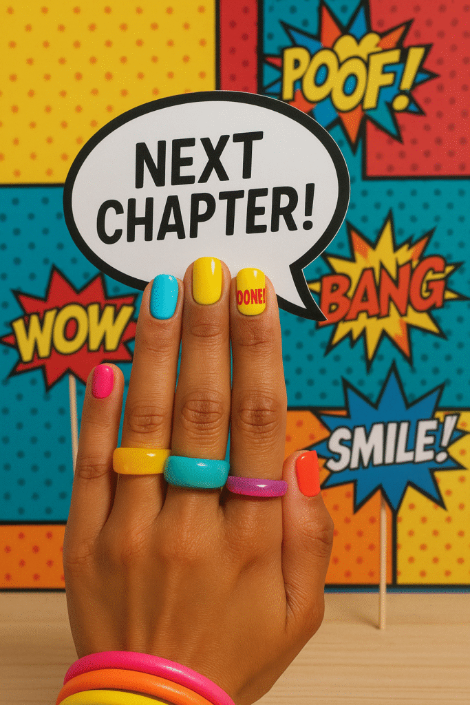 Short square nails with bold comic “Done!” text