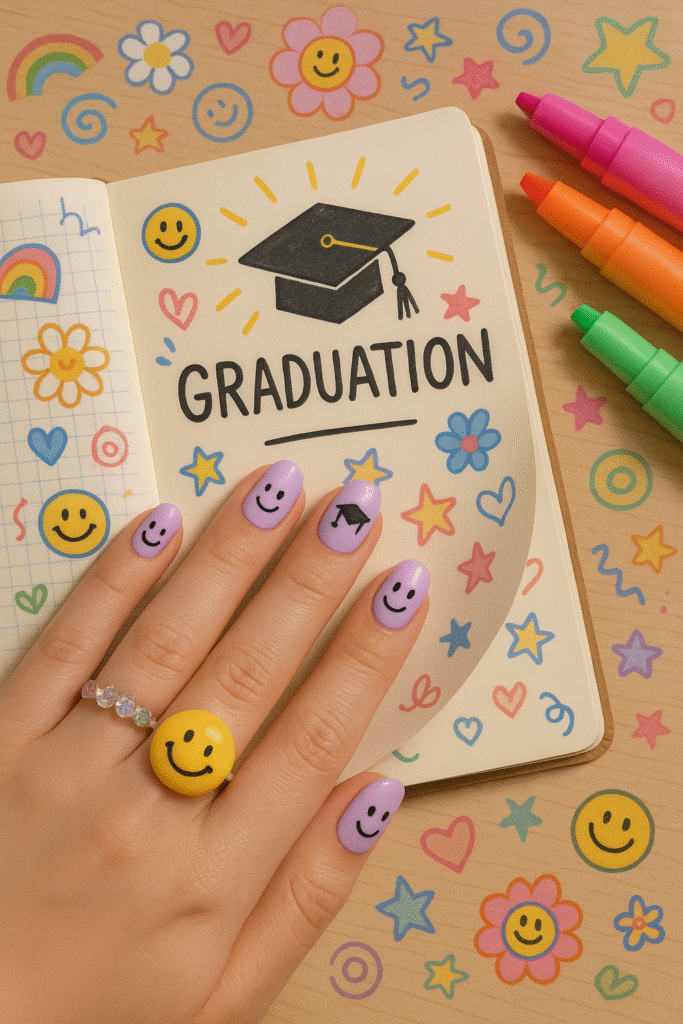 Soft lilac with smiley faces and grad caps