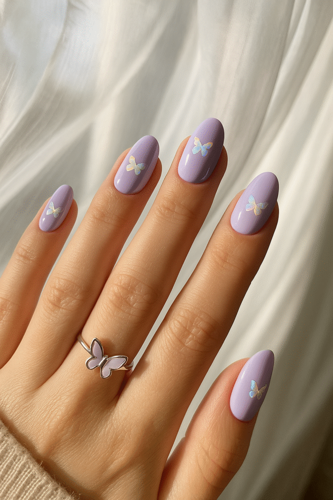 Creamy Lilac Nails with Mini Butterfly Decals