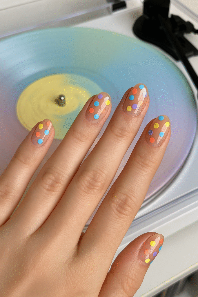 Transparent Nails with Confetti Circles