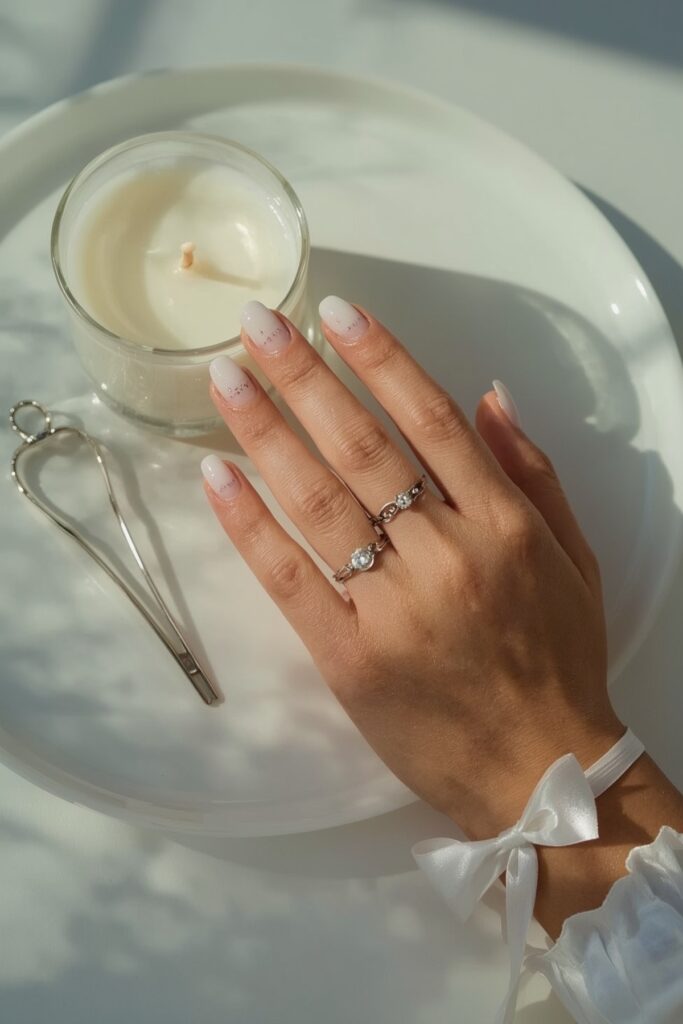 Minimalist white nails with dotted silver trail