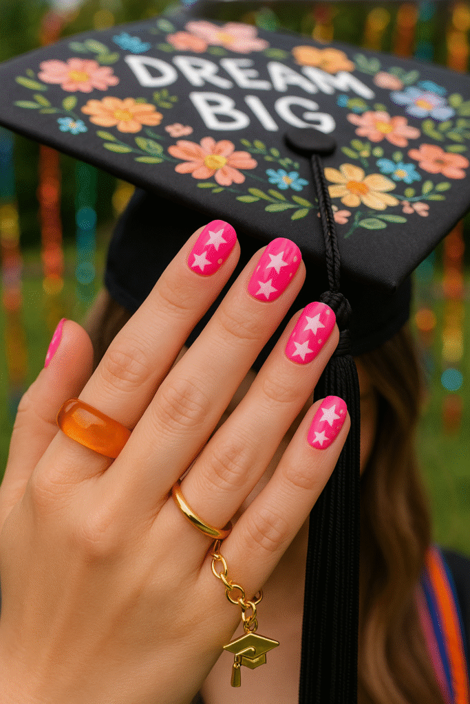 Hot pink nails with clear star overlays