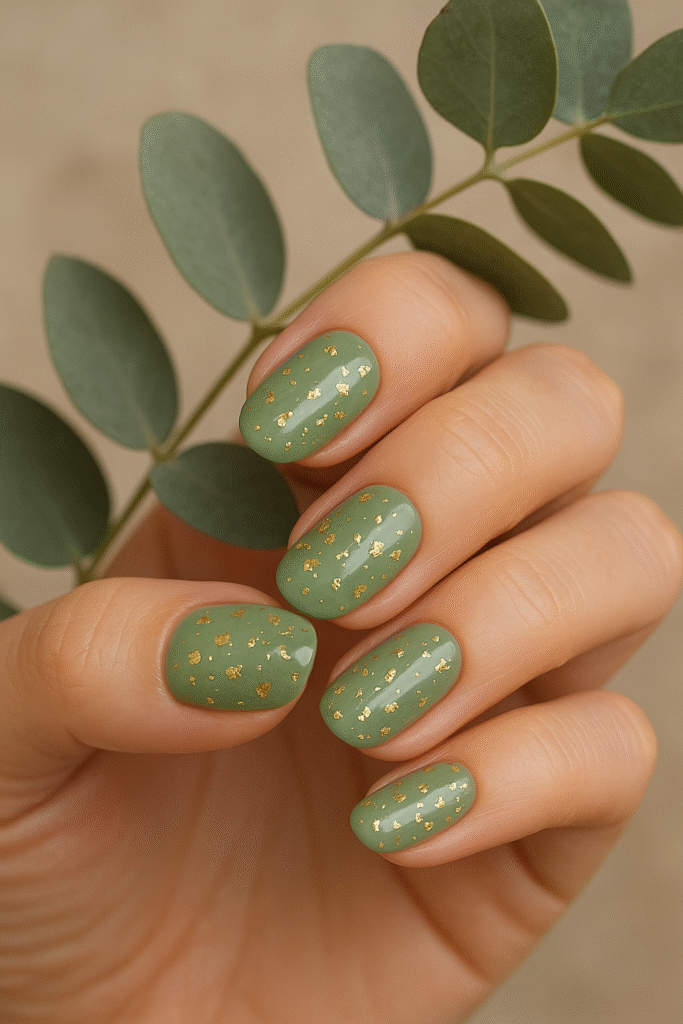 Sage Green Nails with Scattered Gold Foil Flakes