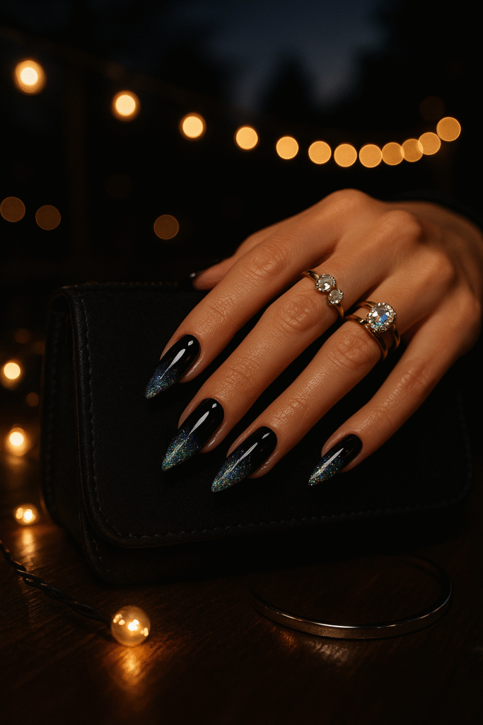 Black nails with holographic glitter fade