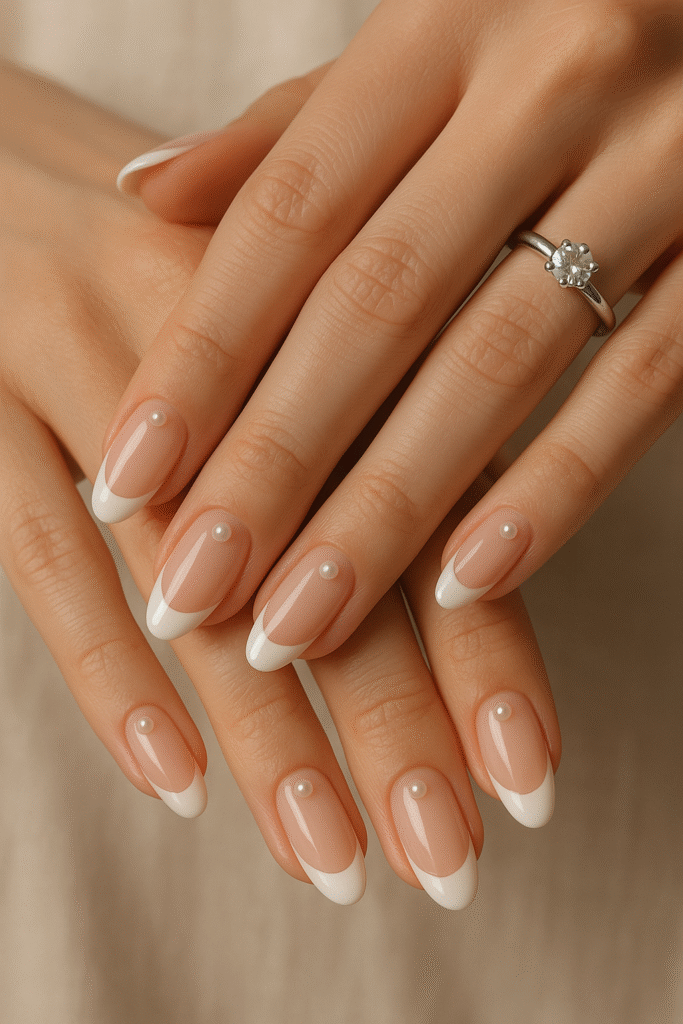 Classic French Tips with Mini Pearl Embellishments