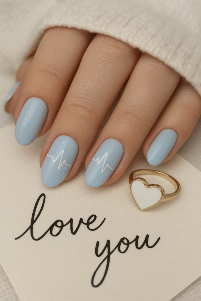Pale Blue Nails with Delicate Heartbeat Line Art