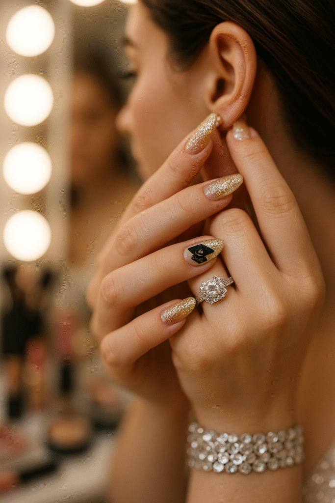 Glitter-dipped tips with mini rhinestone caps