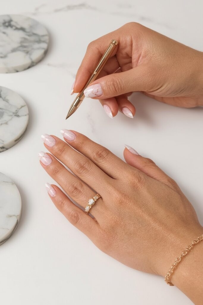 Pink and gold marble nails