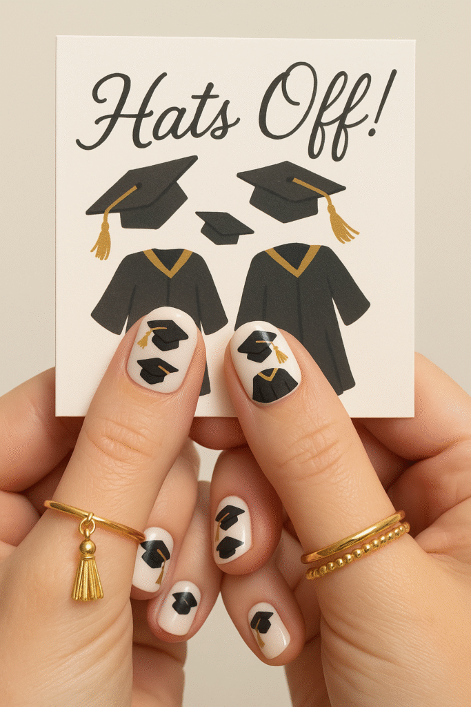 Tiny cap and gown painted on short nails
