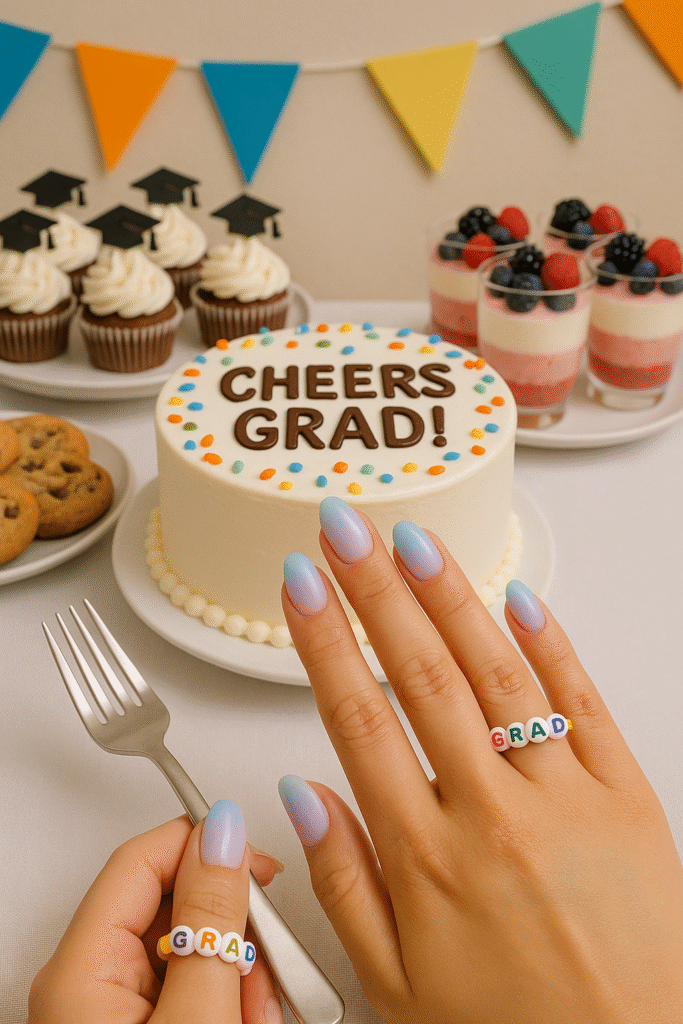 Ombre nails with 3D “grad” letter beads