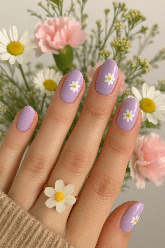 Soft Lavender Nails with White Daisy Accents
