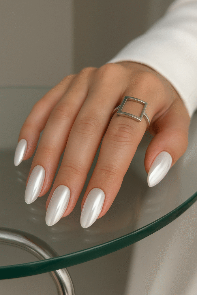 White Chrome Nails for a Sleek Bridal Look