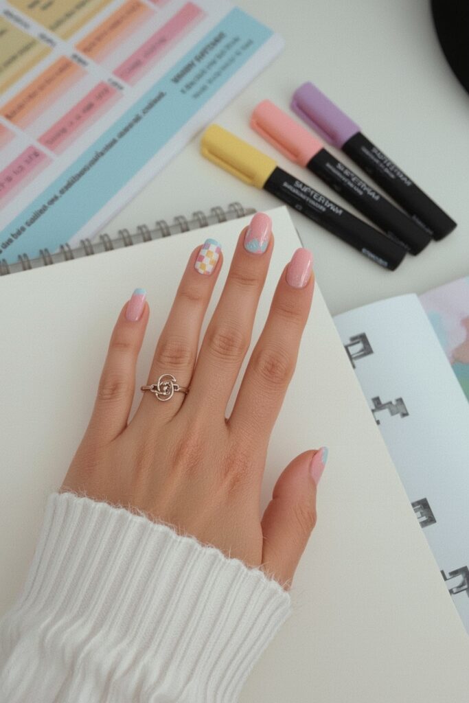Pastel checkerboard with a tiny diploma