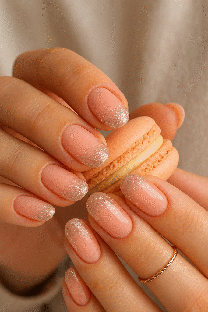 Peachy Pink Nails with Glitter Fade on the Tips
