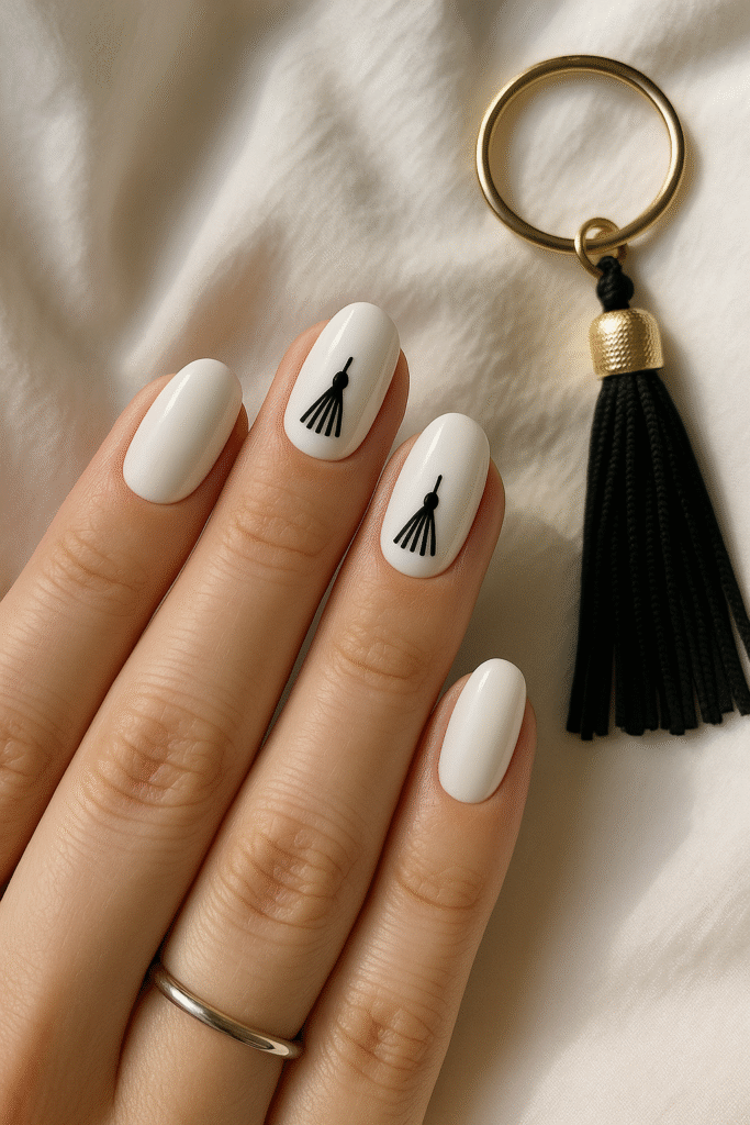 White minimalist nails with black tassel art