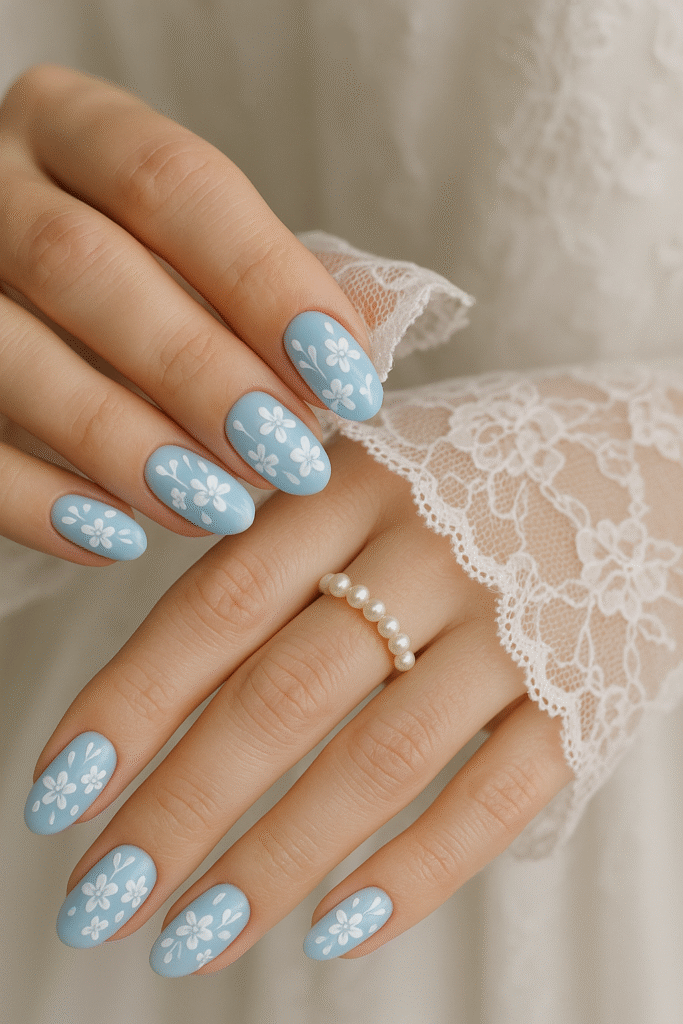 “Something Blue” Nails with Delicate White Florals