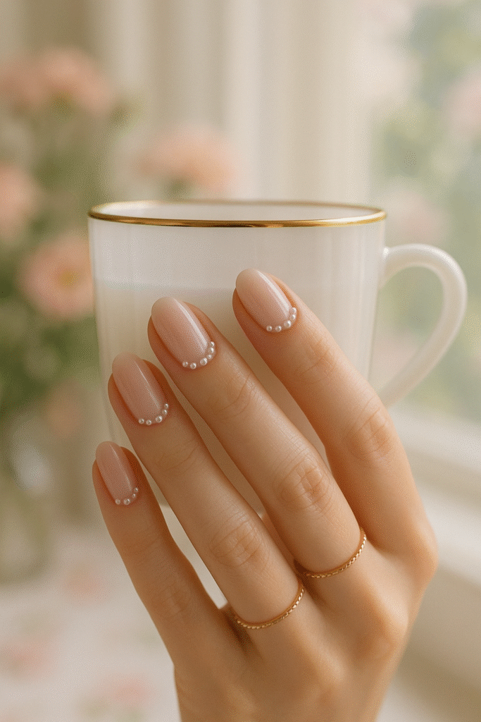 Sheer pink nails with pearl cuffs