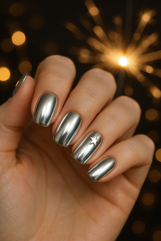 Silver chrome nails with tiny star charms