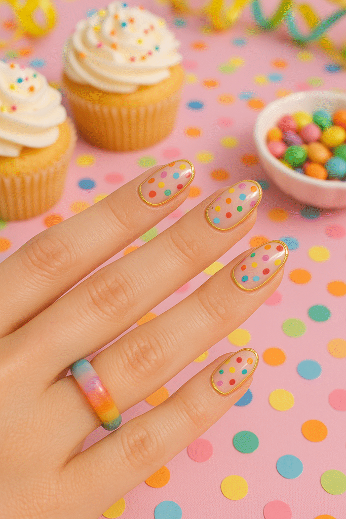 Clear base with confetti dots and gold outlines