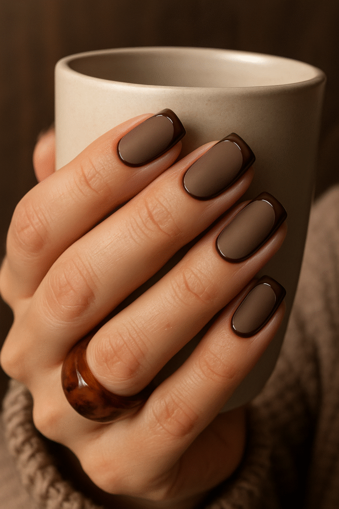 Matte Coffee Nails with Glossy French Borders