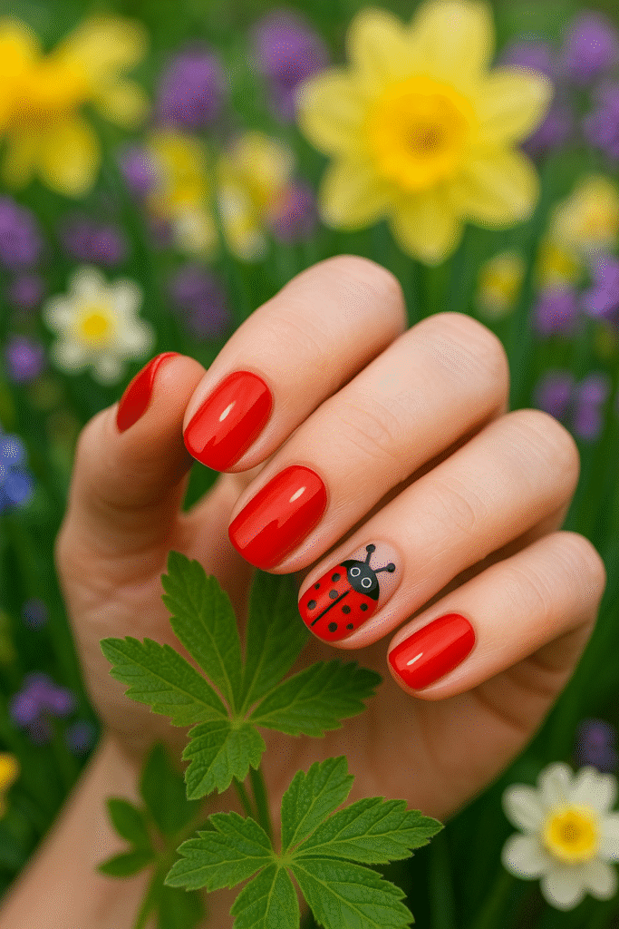 Ladybug Accent Mother’s Day Nail Art