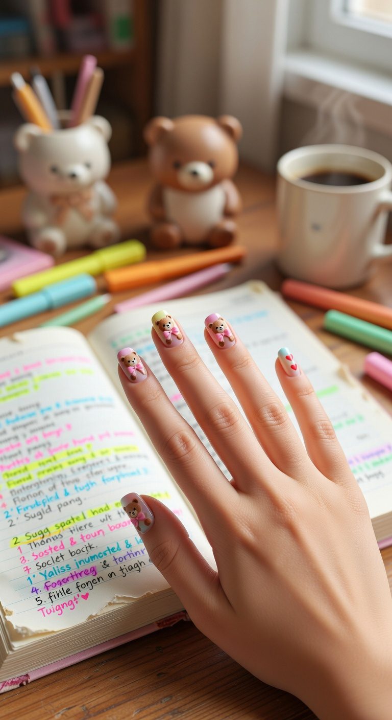 cute bear study nails