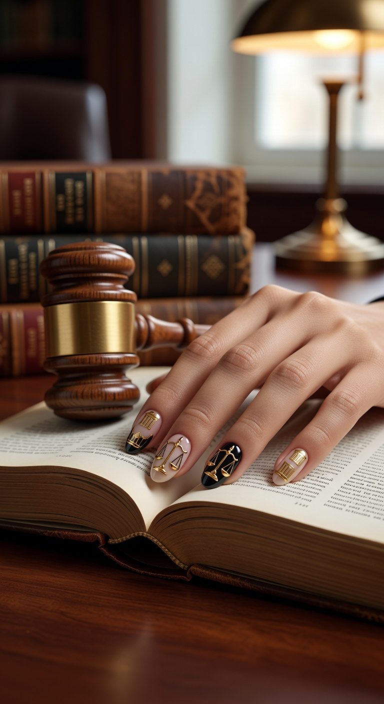 justice themed manicure design