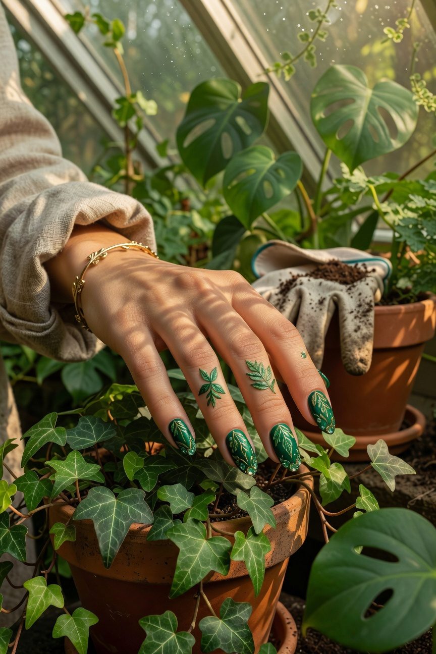 emerald leaf nail art