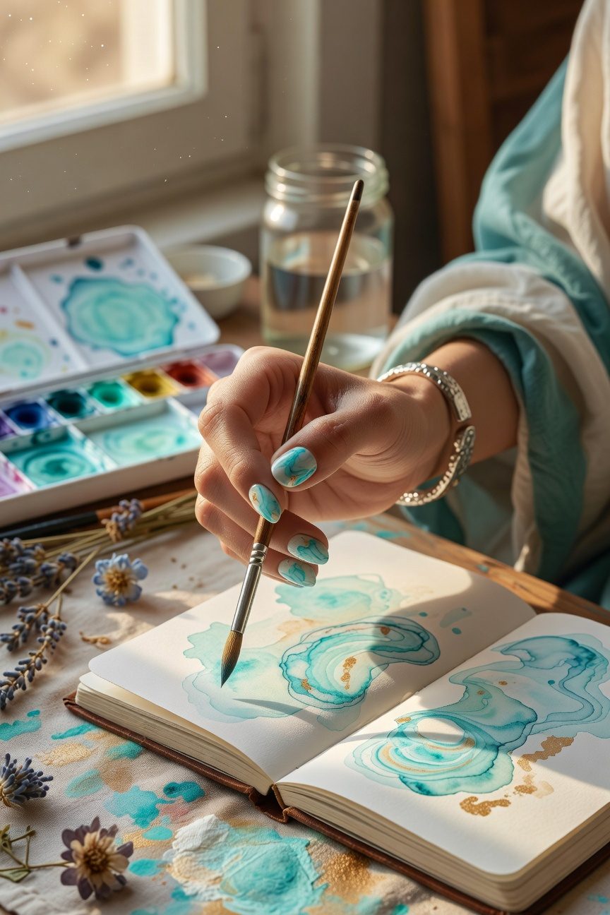 turquoise watercolor nail art