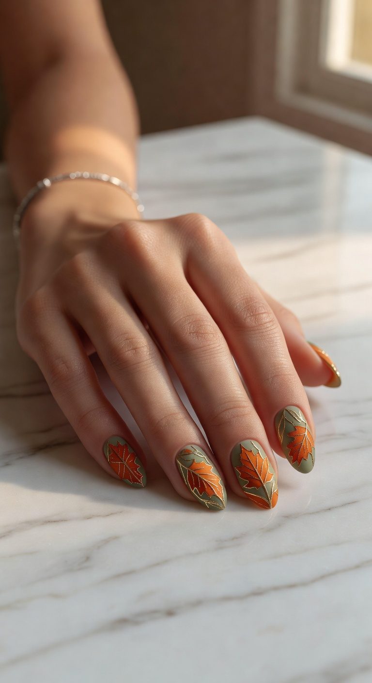 autumn inspired leaf manicure design