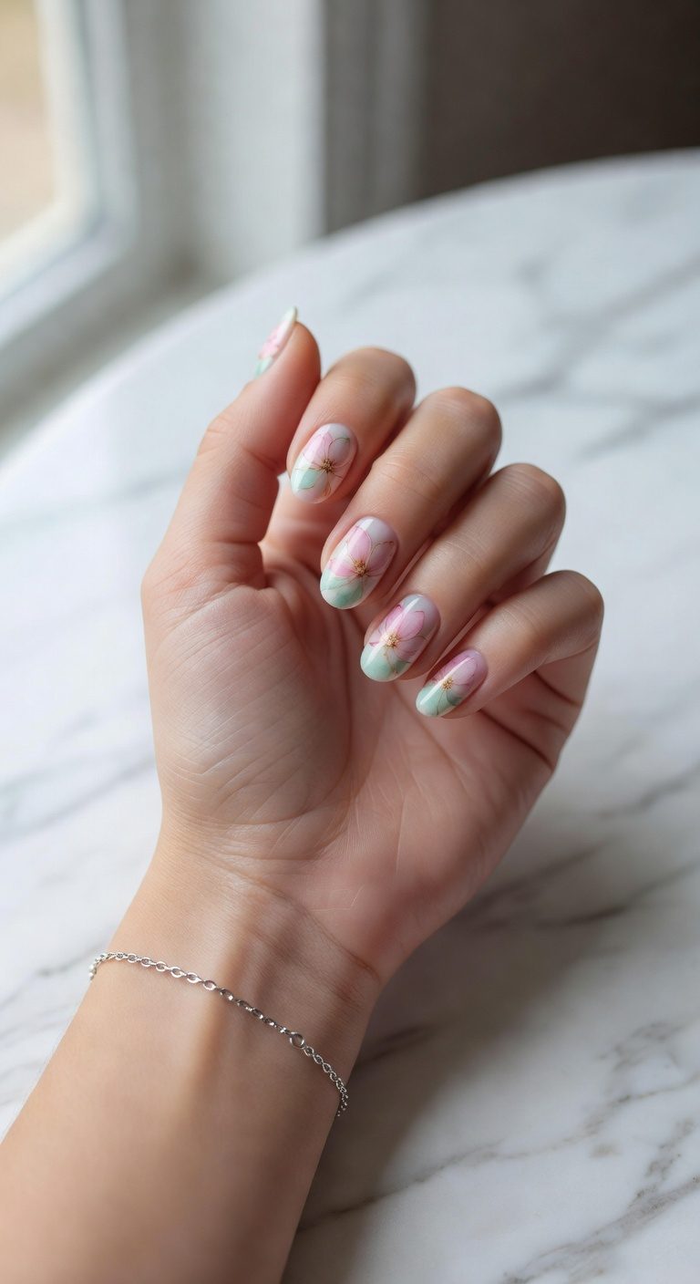 elegant floral watercolor nails