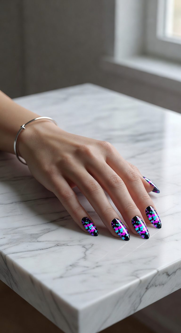 glitch inspired neon nail design