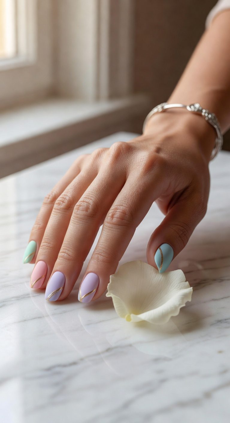 gold accents elevate pastel nails