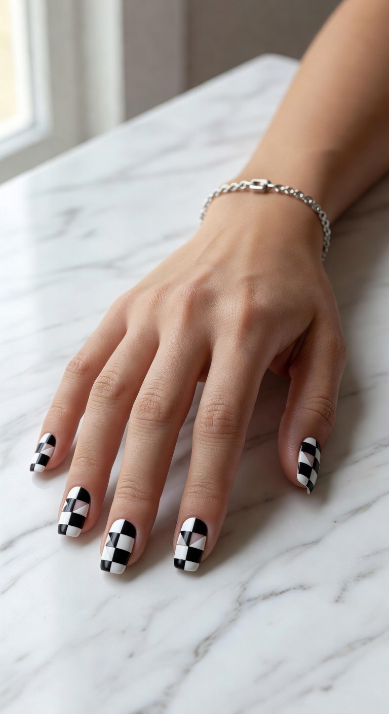 monochrome checkerboard nail design