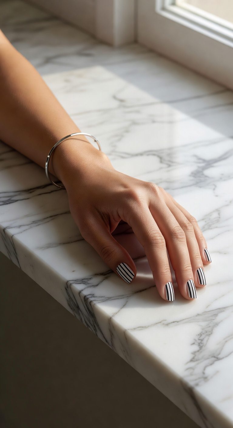 monochrome stripe nail design